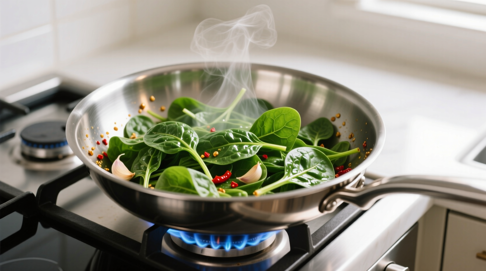 Fresh spinach sautéing in stainless steel pan