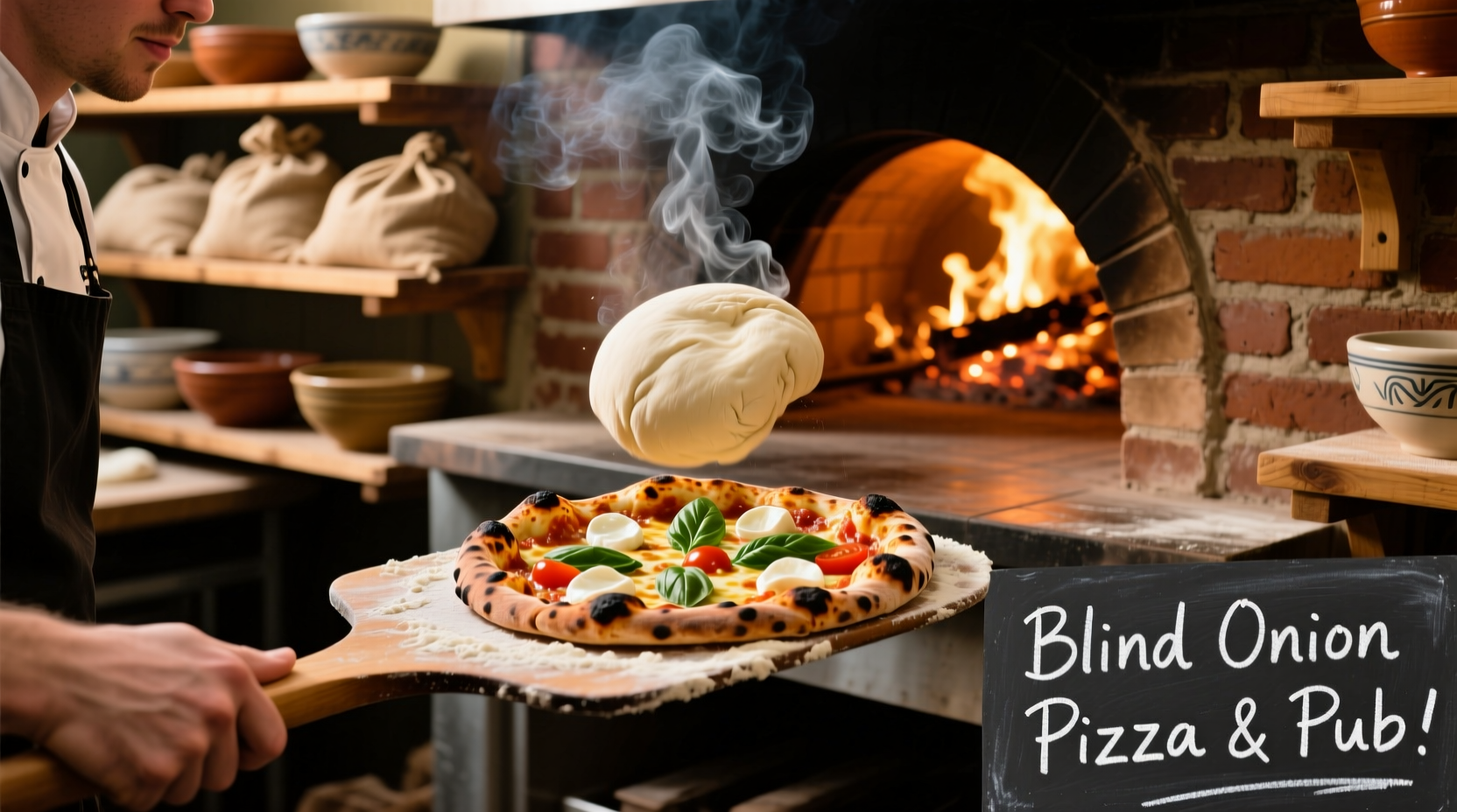 Wood-fired pizza being prepared at Blind Onion Pizza and Pub
