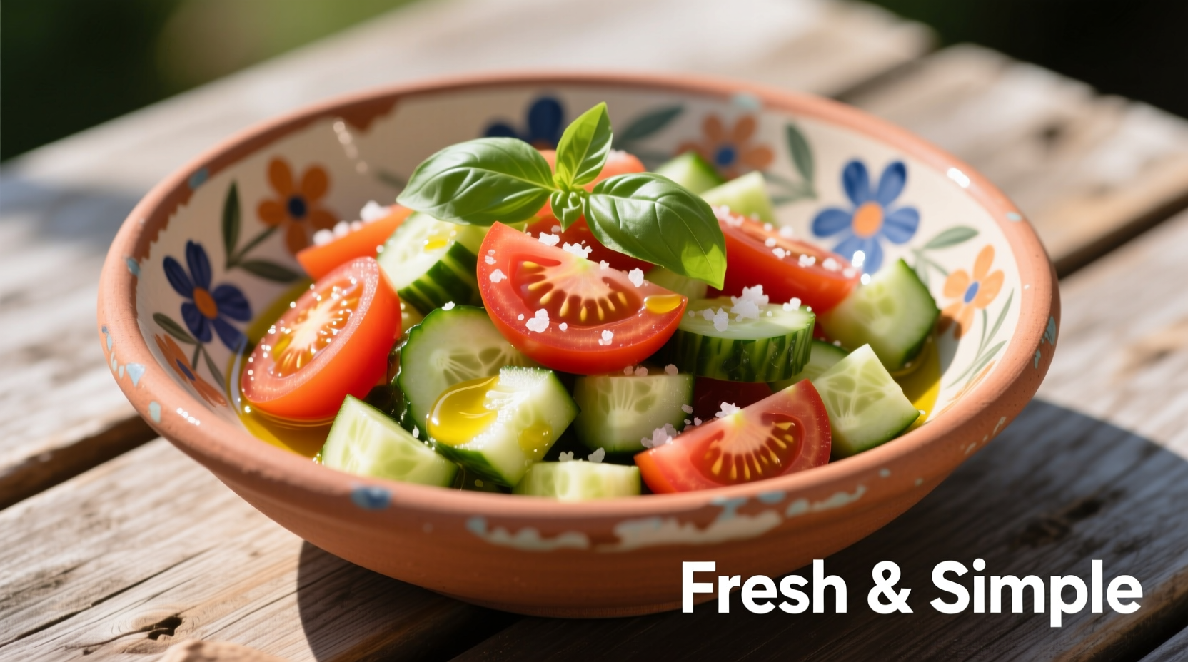 Fresh cucumber tomato Mediterranean salad in traditional ceramic bowl