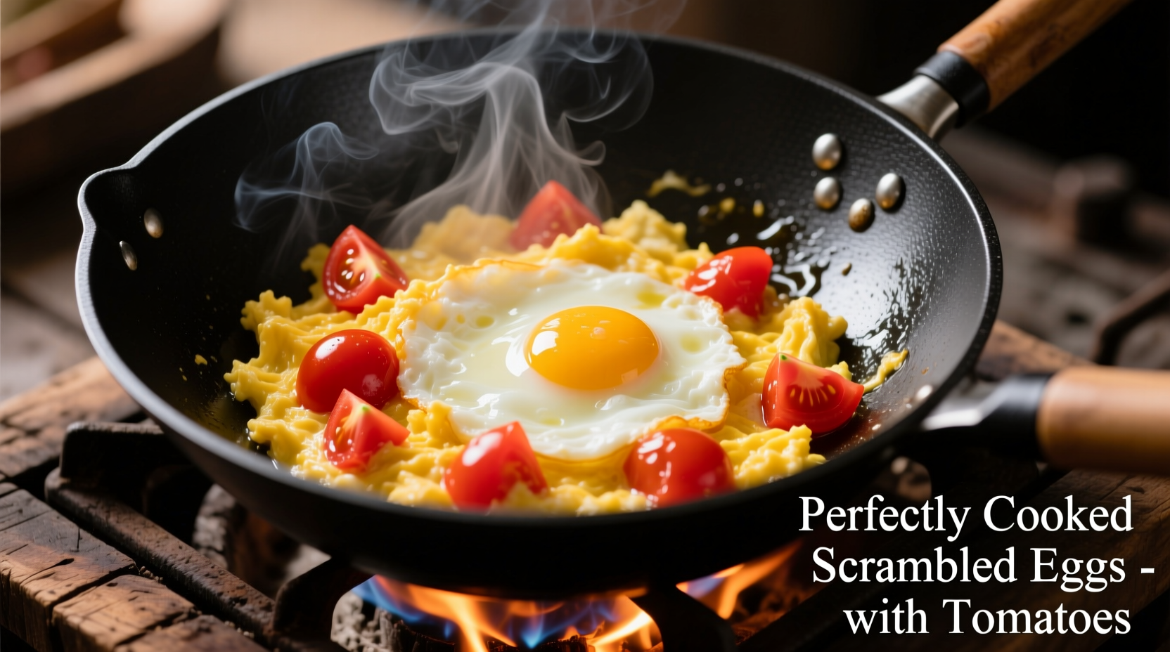 Perfectly cooked scrambled eggs with tomatoes in wok