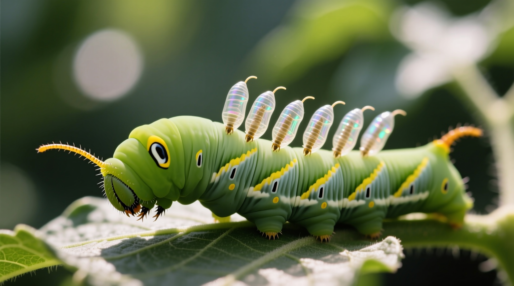 Tomato hornworm with parasitic wasp cocoons