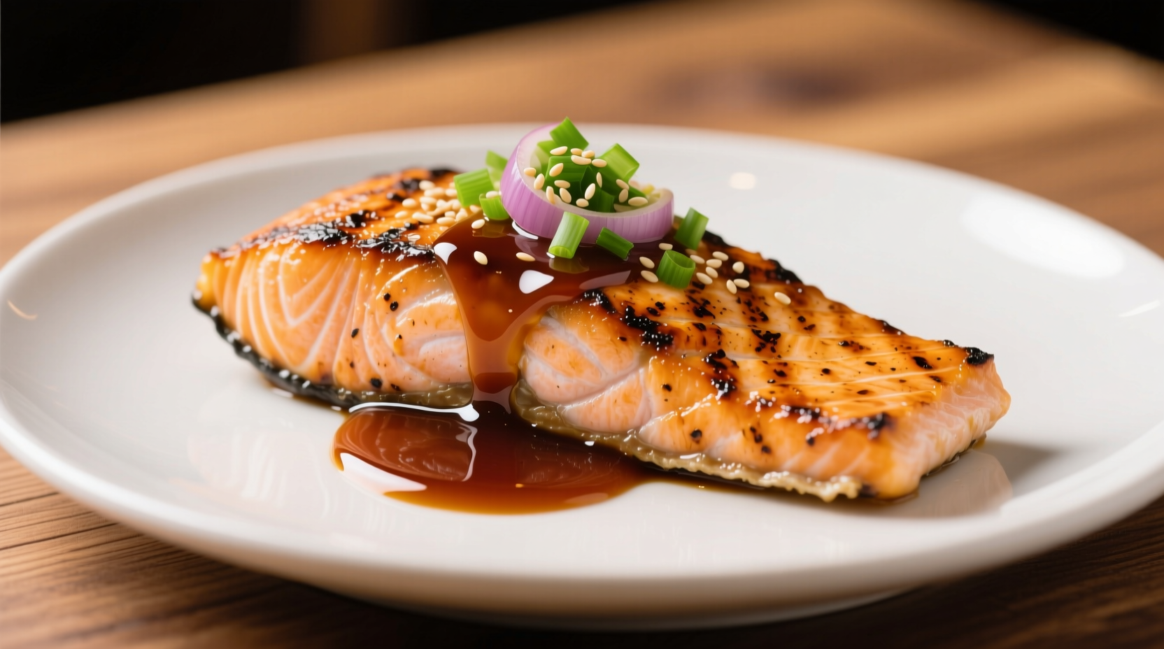 Sweet onion teriyaki sauce drizzled over grilled salmon