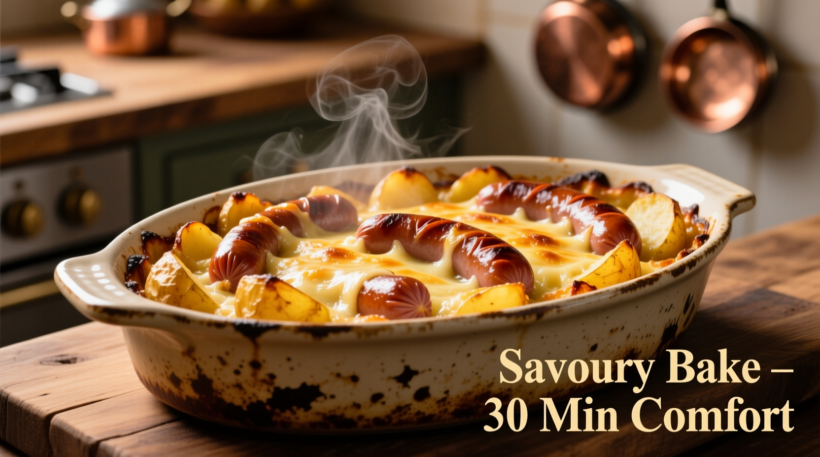 Goldbrauner Räucherwurst-Kartoffelauflauf in Keramikform