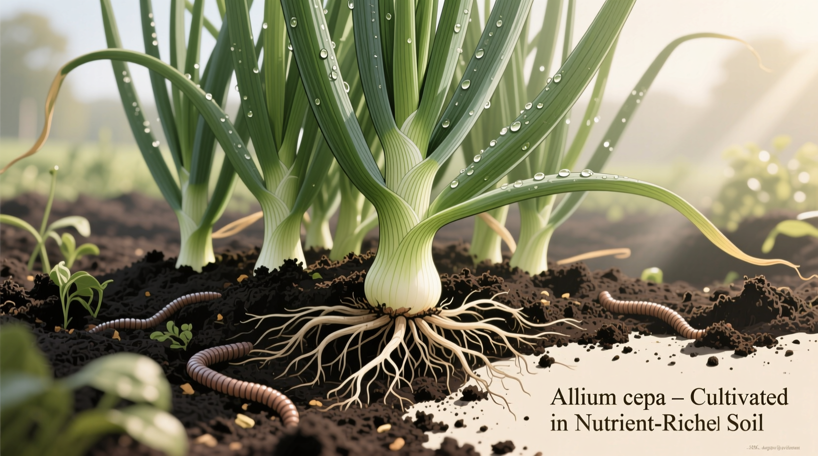 Onion plants growing in well-fertilized garden soil