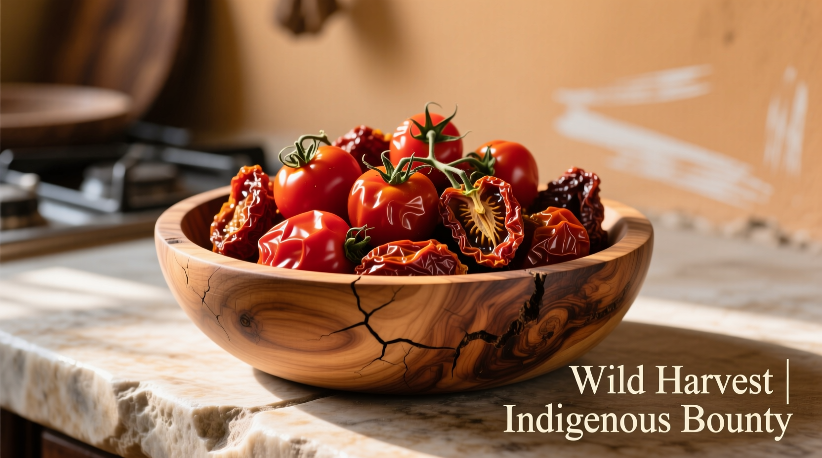 Dried bush tomatoes in traditional wooden bowl