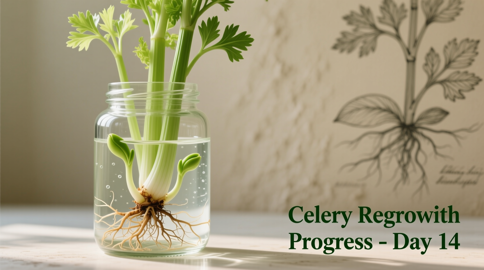 Celery regrowth progress in glass container