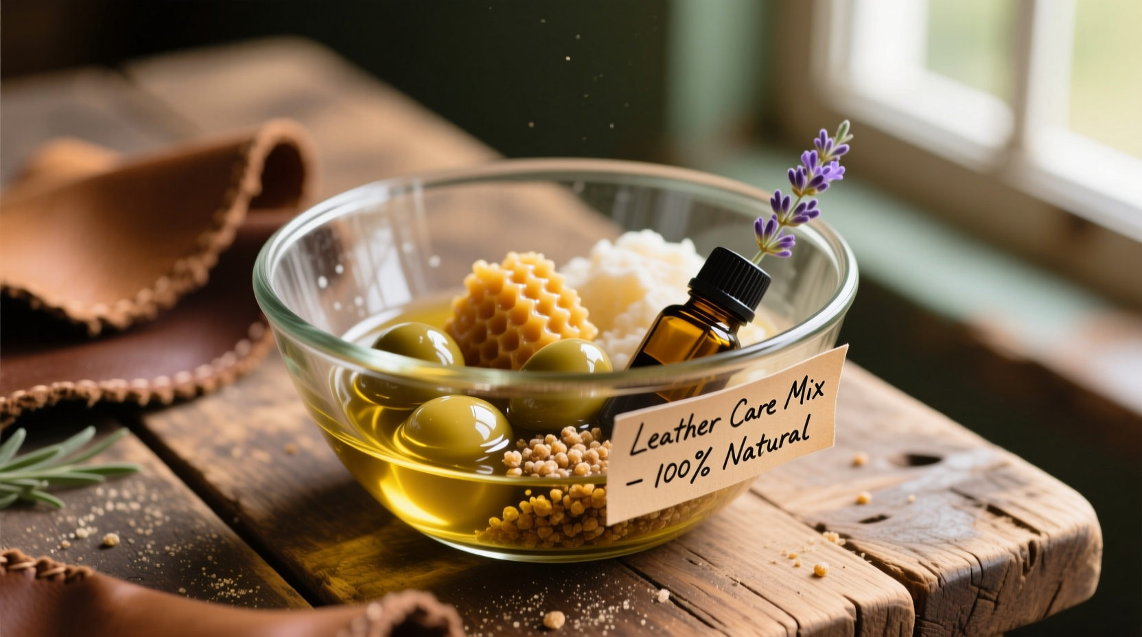 Homemade leather conditioner ingredients in glass bowl