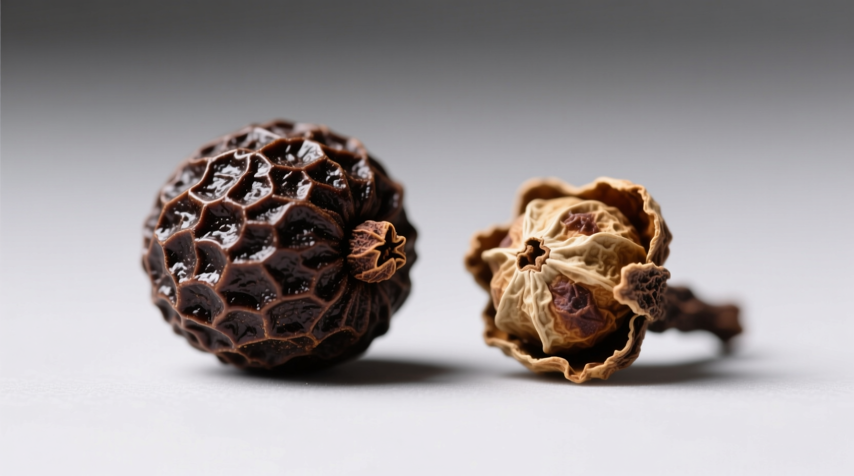 Side-by-side comparison of Jamaican allspice berries (dark, plump) vs. inferior Central American varieties (pale, shriveled)