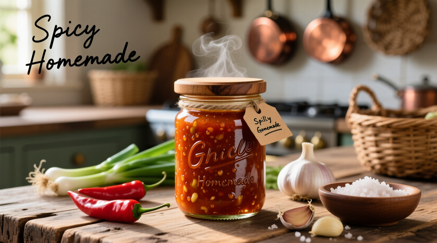 Homemade chilli garlic sauce in glass jar with fresh ingredients
