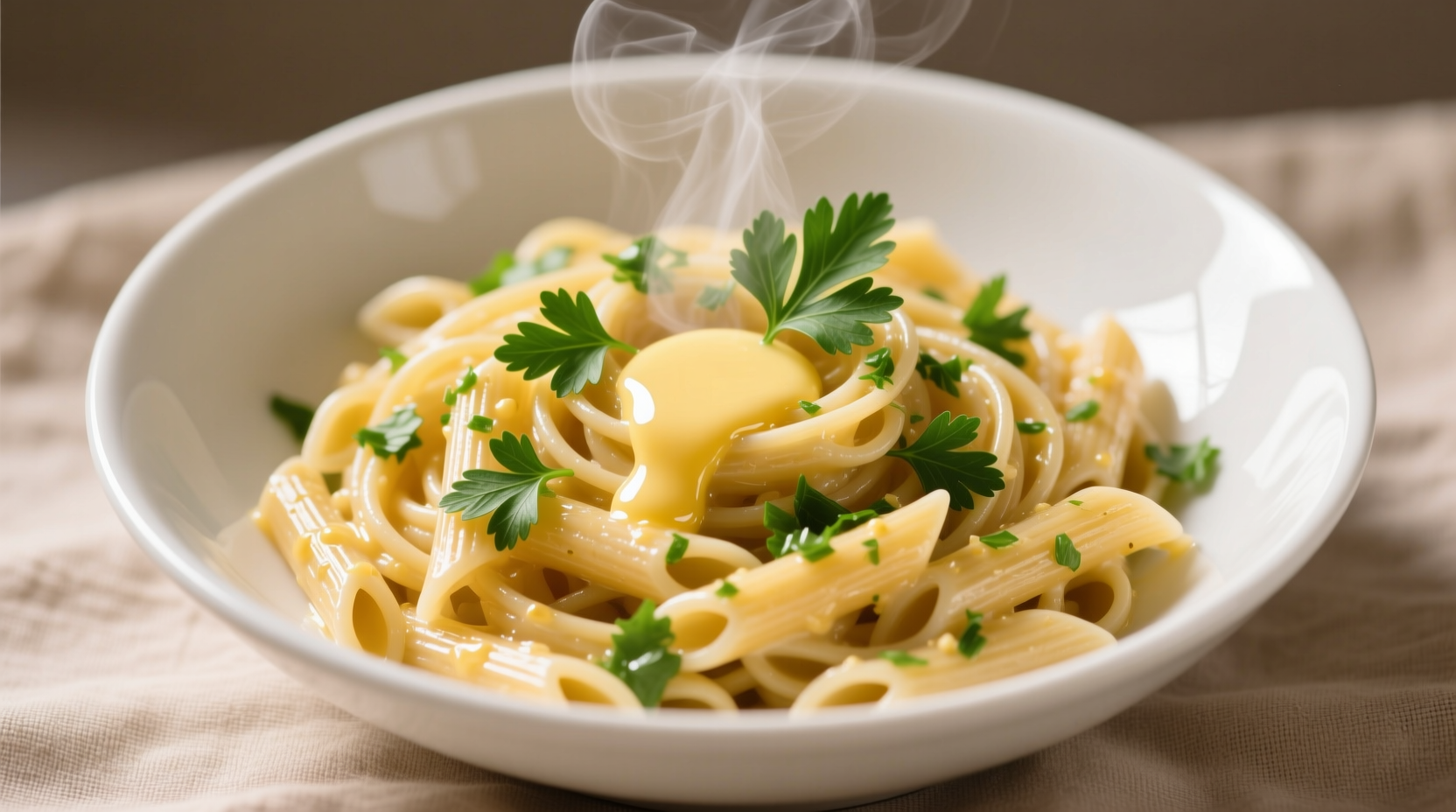 Fresh garlic buttered pasta in white bowl with parsley