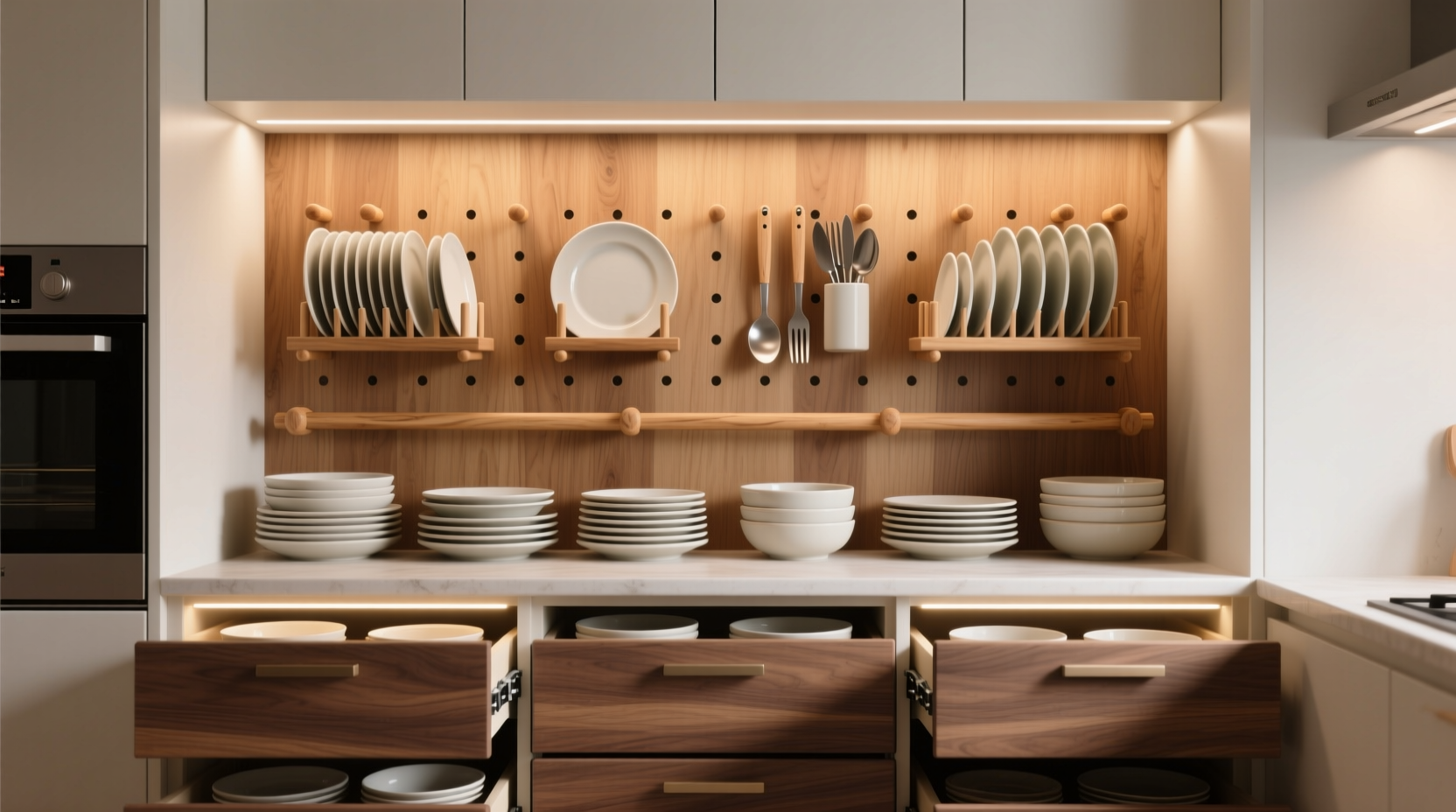 store dishes in drawers with pegboard and wooden dowels