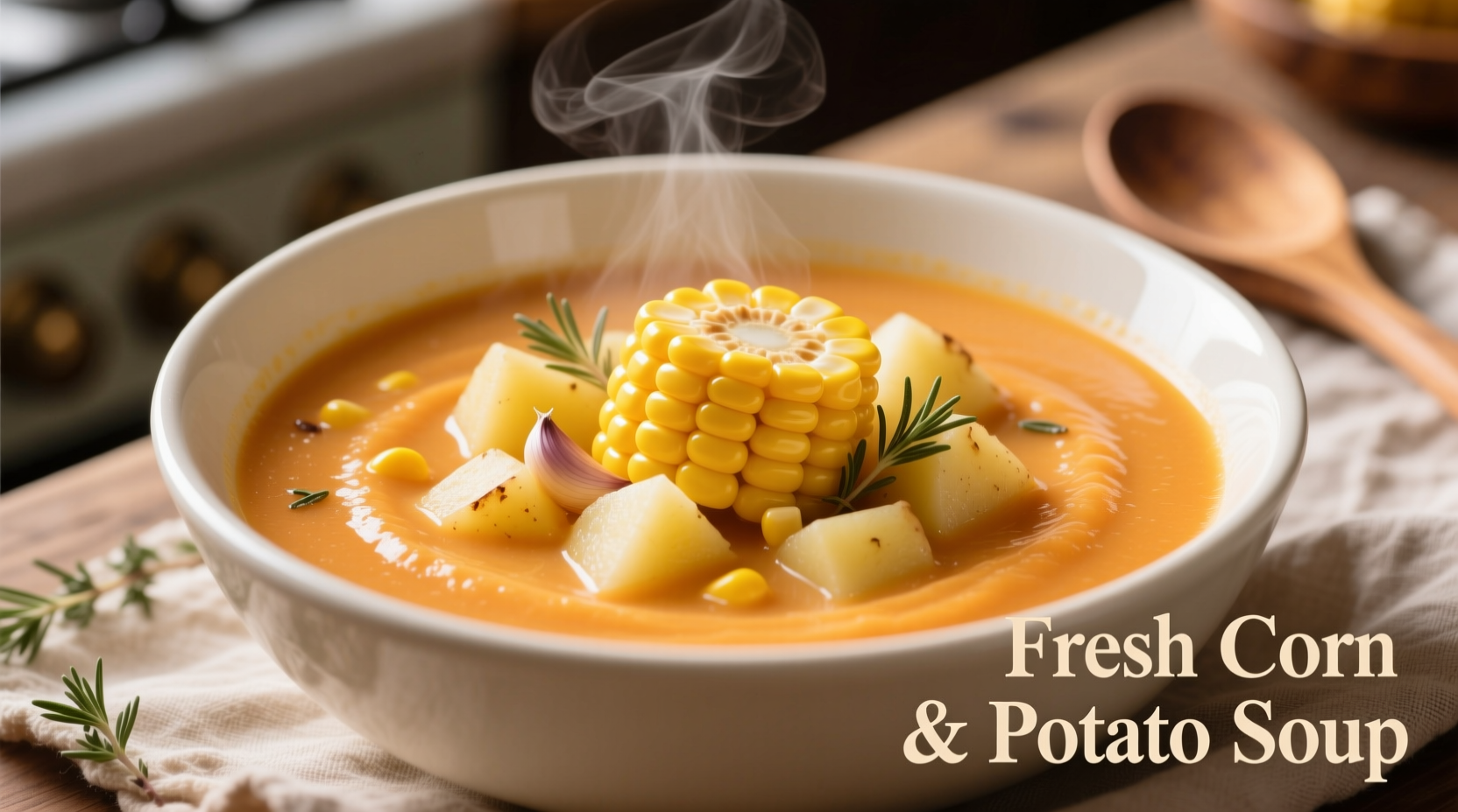 Fresh corn kernels in creamy potato soup