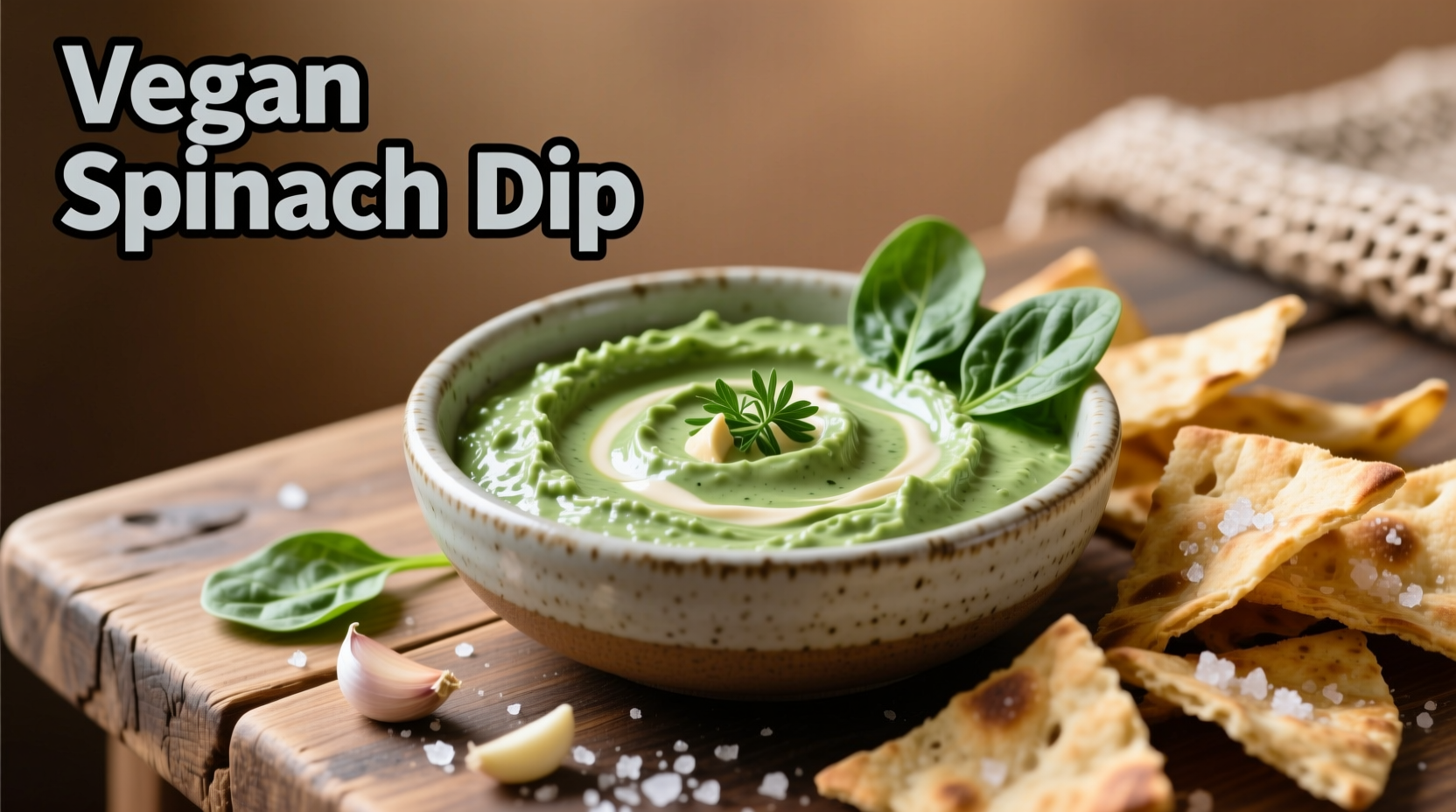 Creamy vegan spinach dip in ceramic bowl with pita chips