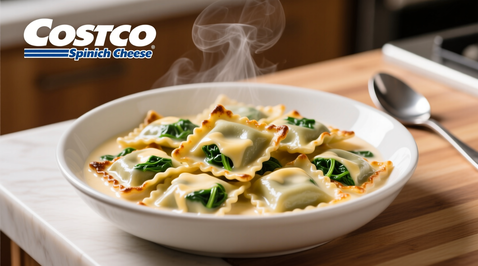 Costco spinach and cheese ravioli cooked in a white bowl