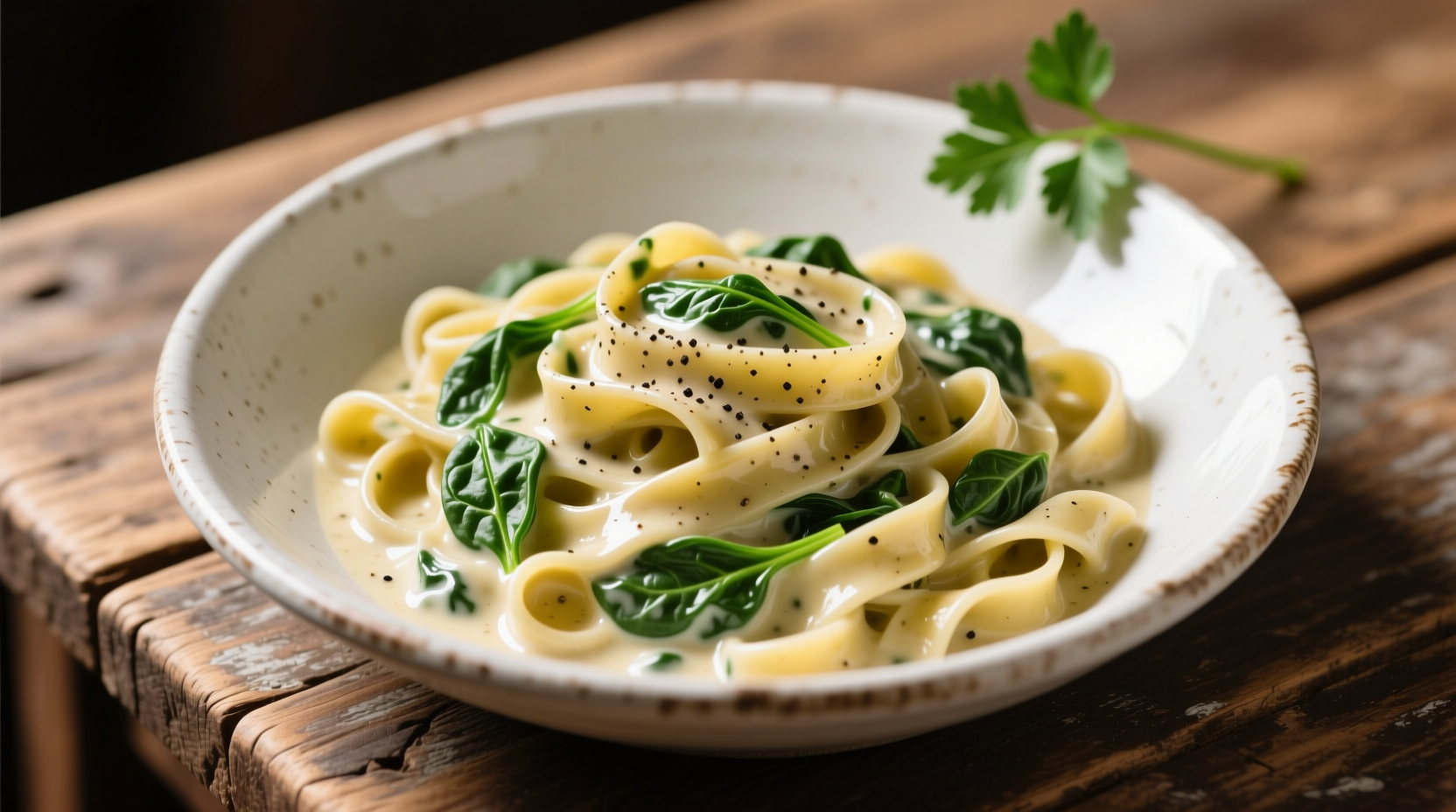 Creamy spinach fettuccine alfredo in white bowl