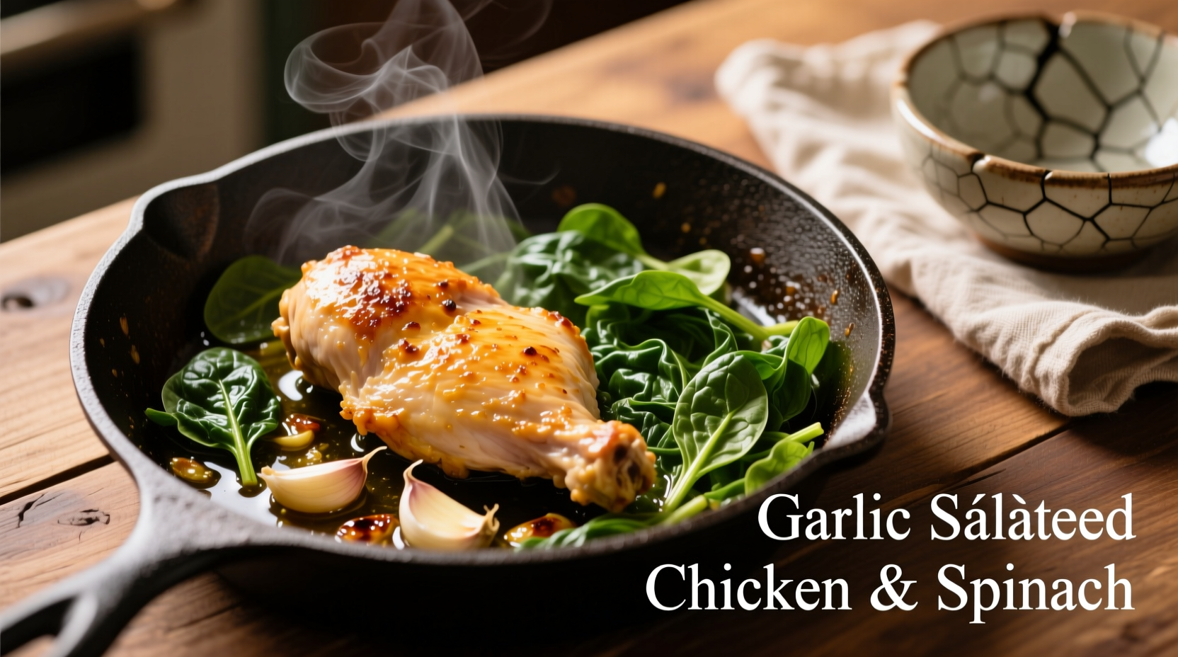 Sautéed chicken breast and fresh spinach in skillet with garlic