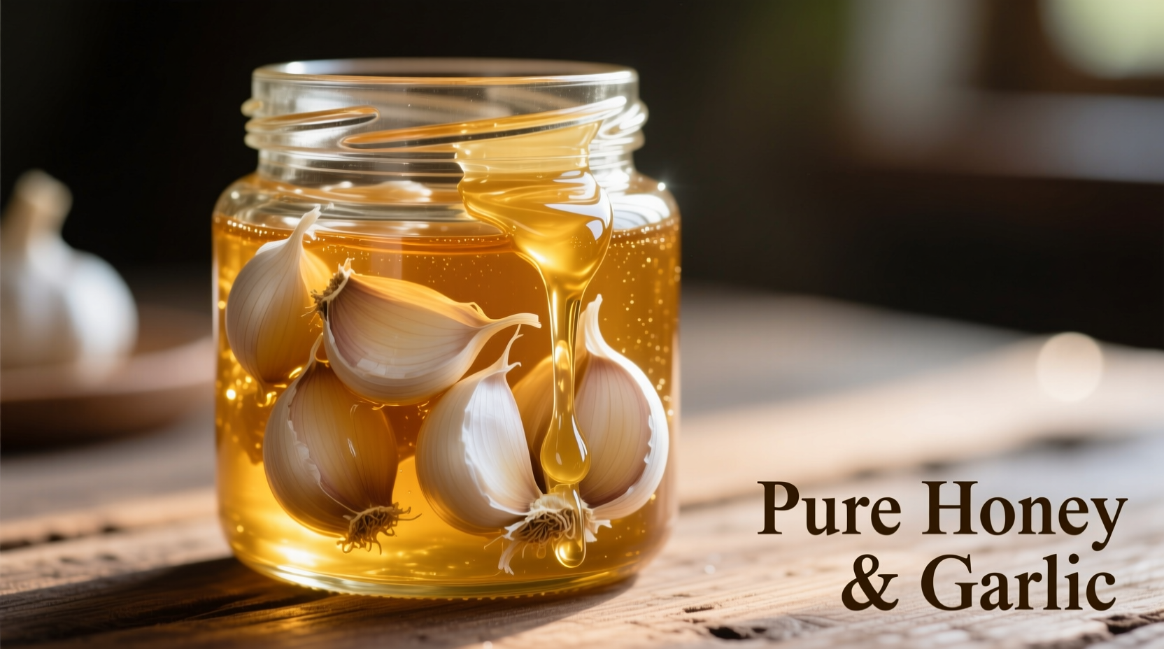 Glass jar with golden honey and garlic cloves