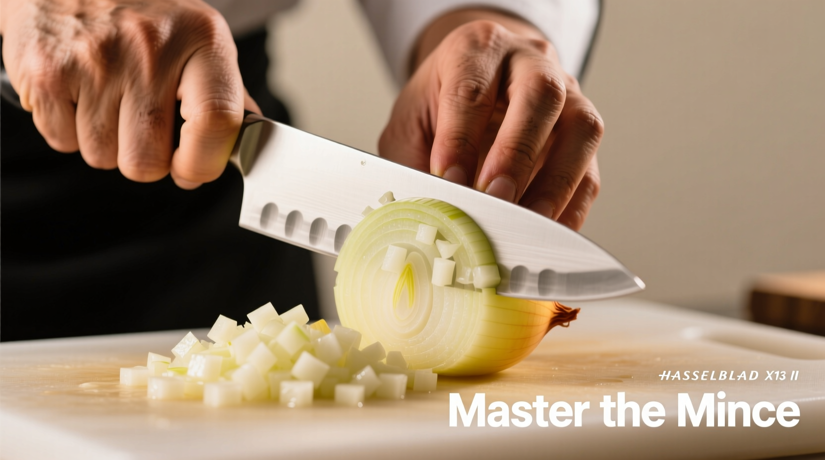 Chef's hand demonstrating proper onion mincing technique with sharp knife