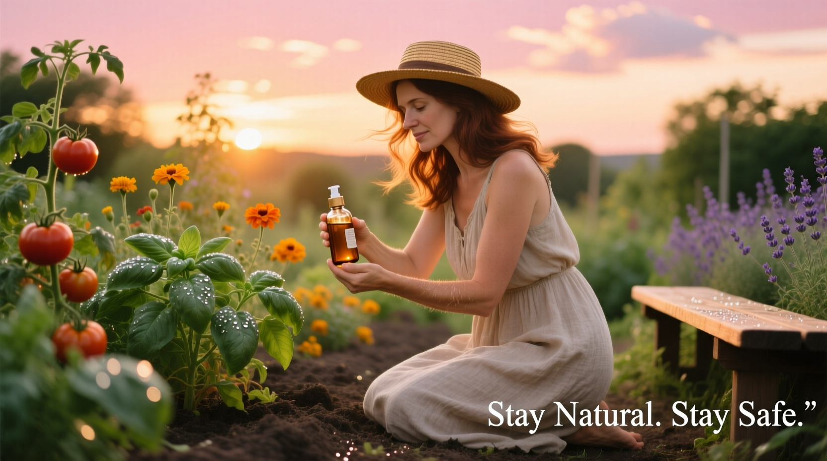 Woman applying natural repellent before gardening at sunset