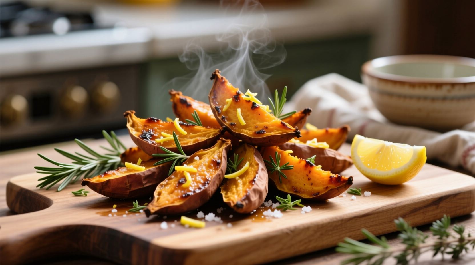 Roasted sweet potato wedges with herbs and lemon