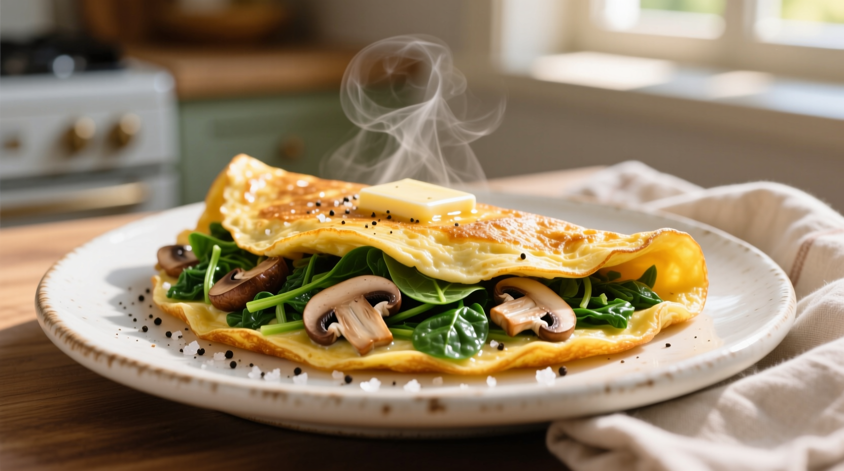 Perfect golden omelet with spinach and mushrooms