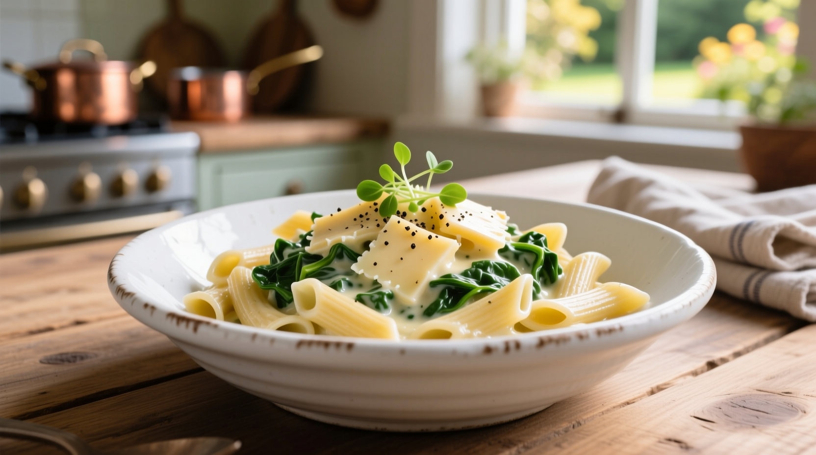 Creamy spinach cheese pasta in white bowl
