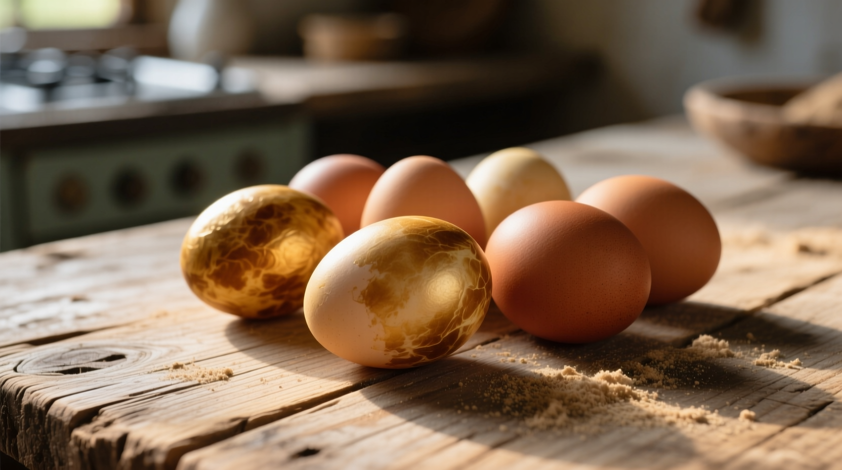Naturally dyed eggs in golden and russet shades on wooden surface