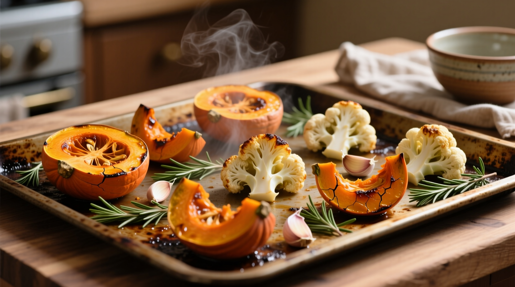 Roasted butternut squash and cauliflower on baking sheet