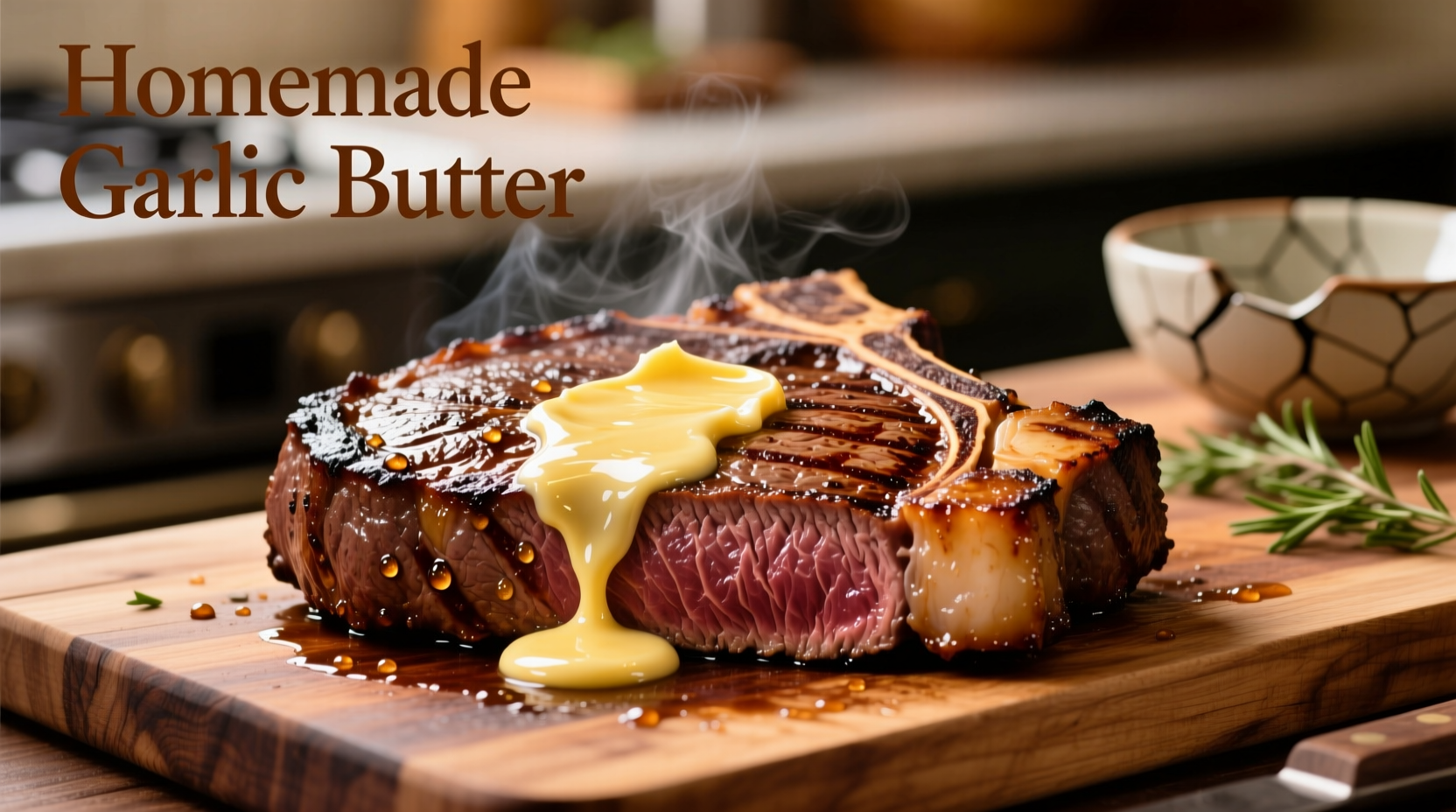 Homemade garlic butter melting over perfectly grilled ribeye steak