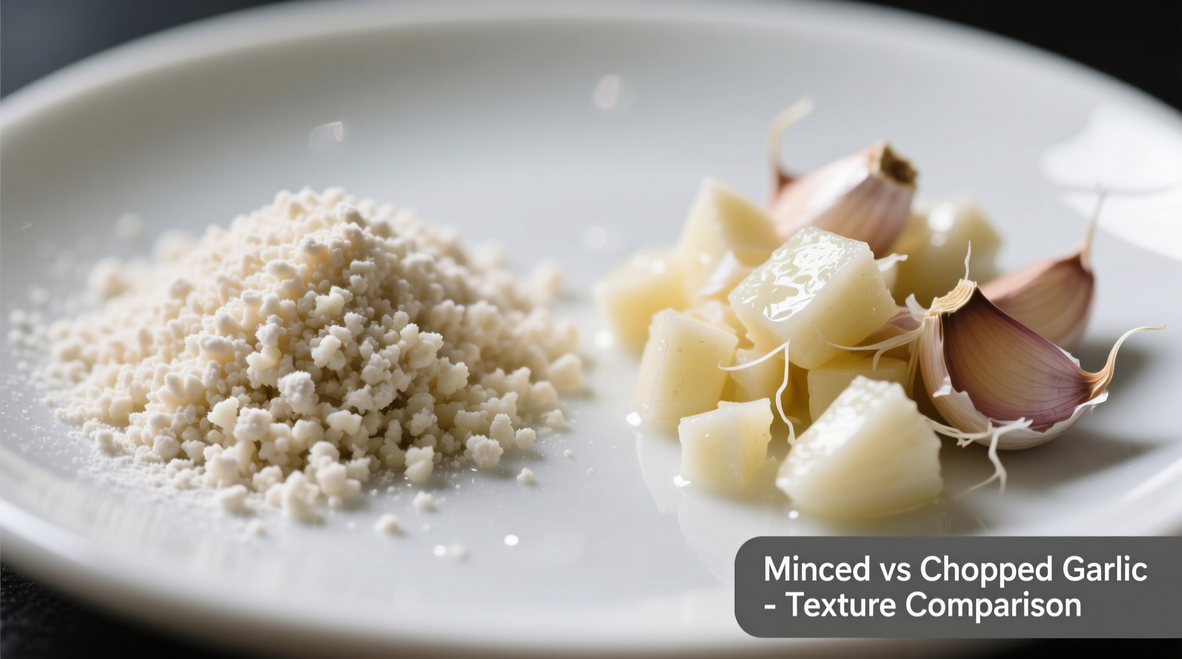 Close-up comparison of minced versus chopped garlic pieces