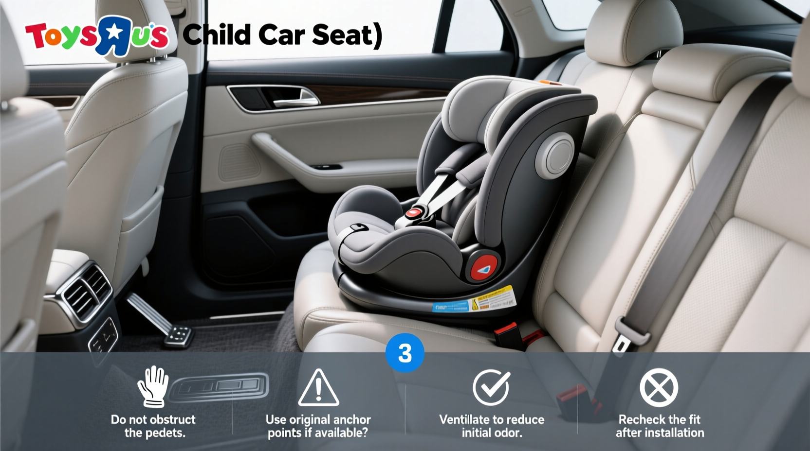 Child sitting in a small electric toy car with a safety harness