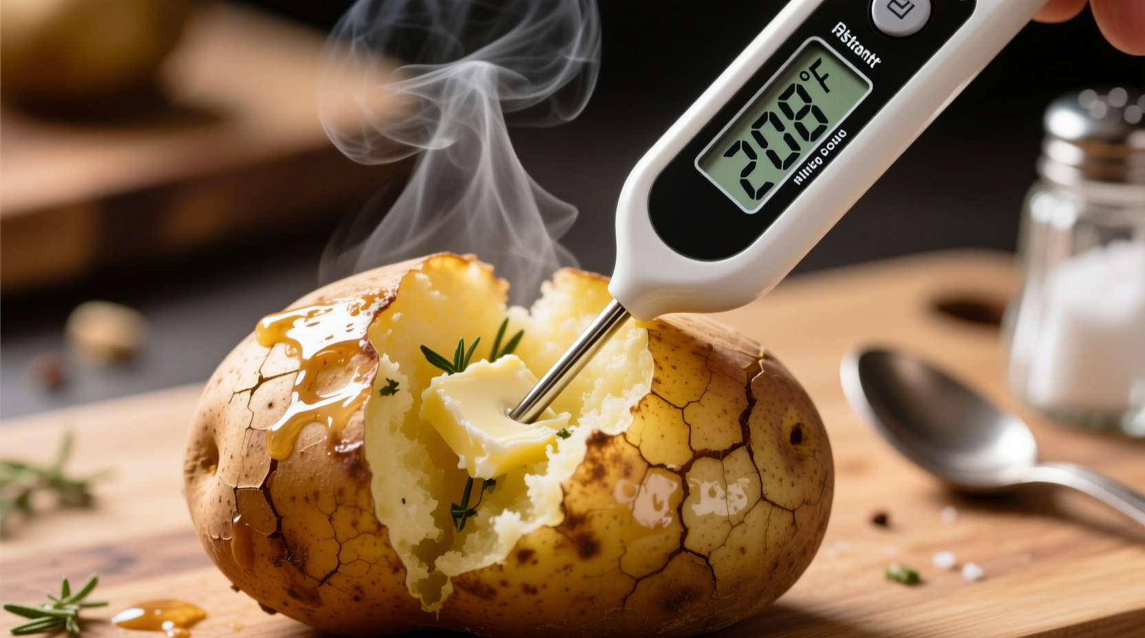 Instant-read thermometer showing 208 degrees in baked potato