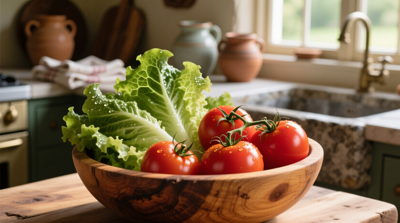 Fresh lettuce and tomatoes in wooden bowl