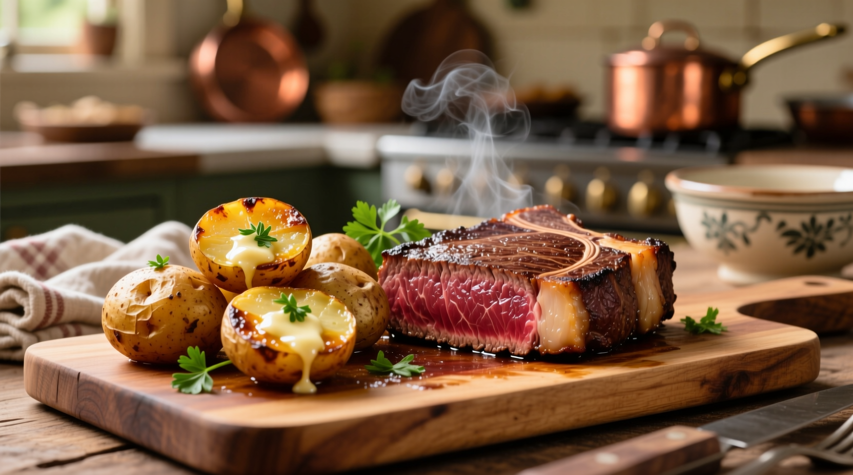 Golden roasted garlic potatoes next to medium-rare steak