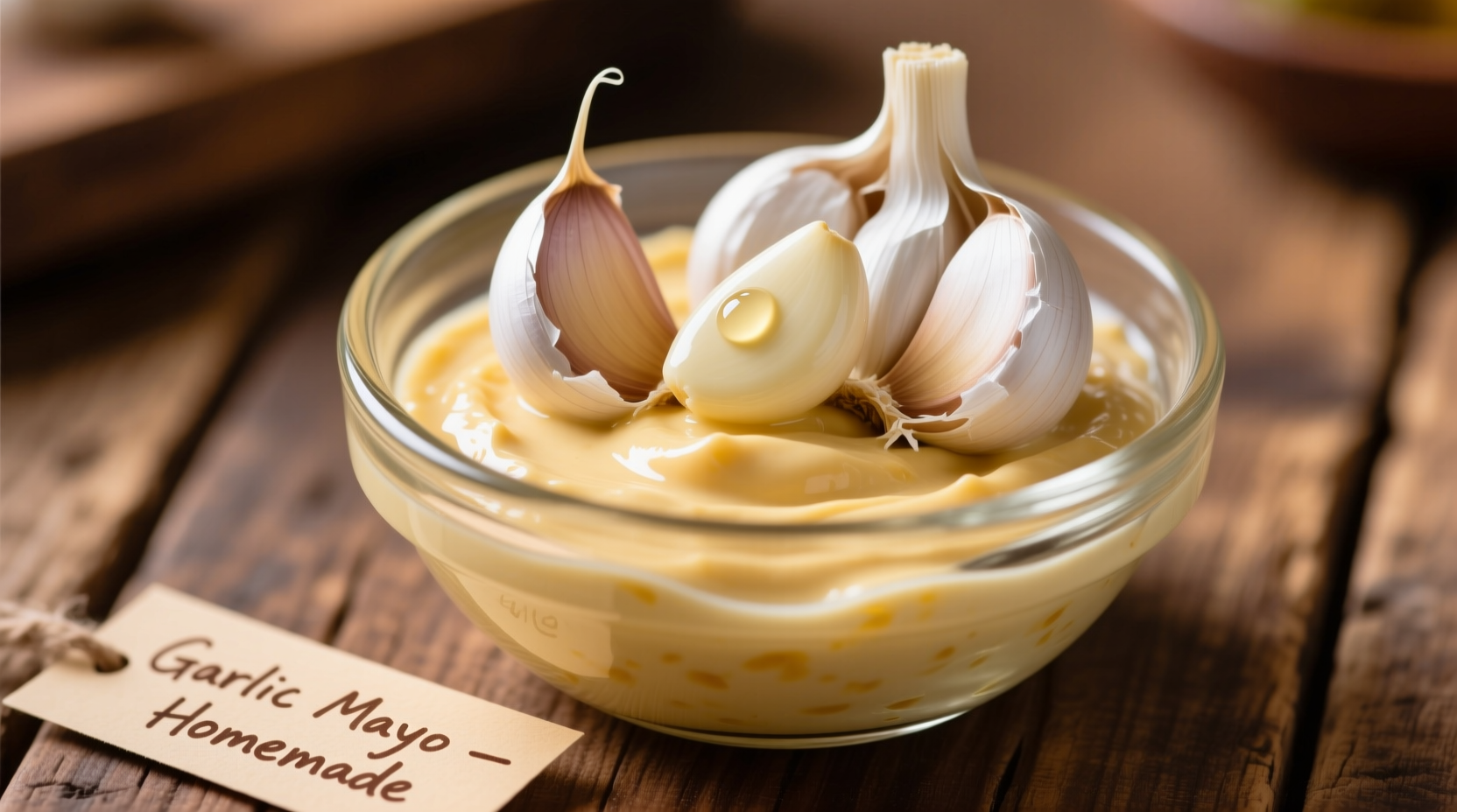 Homemade garlic mayo in a glass bowl with fresh garlic cloves