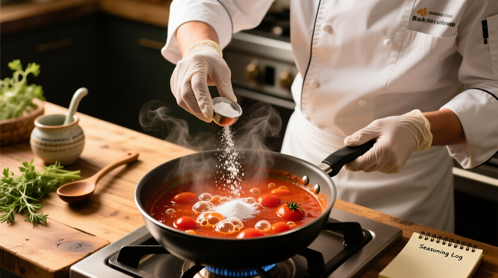 Chef adjusting tomato sauce acidity with baking soda