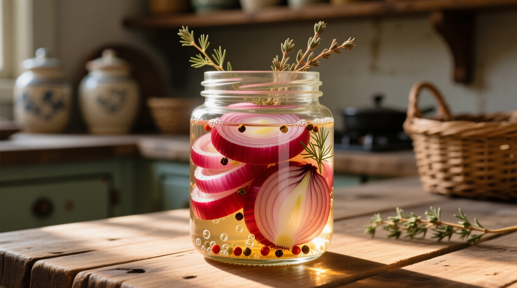 Fresh red onions steeping in clear glass jar