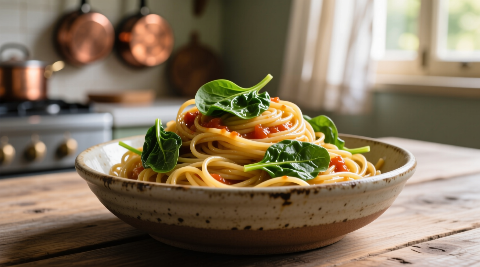 Fresh spaghetti with wilted spinach in ceramic bowl