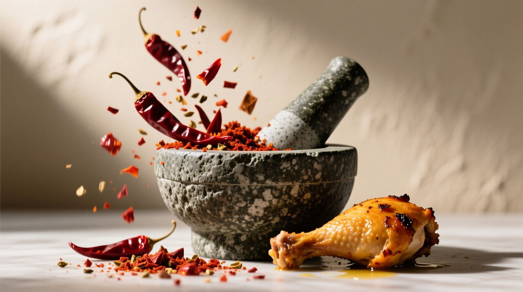 Hand grinding dried chilies in molcajete for chicken tortilla soup