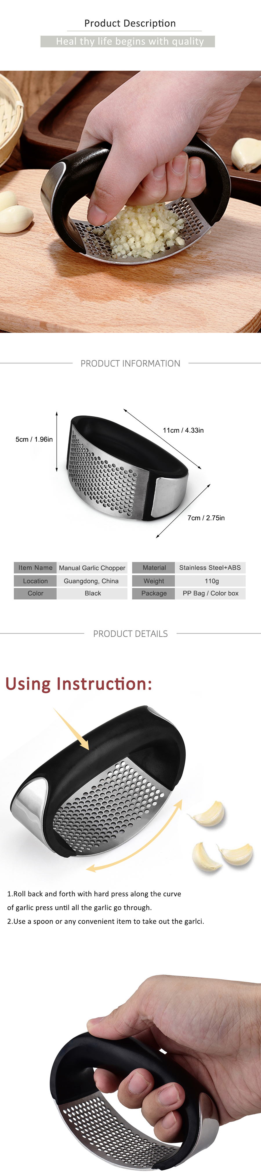 YF Wholesale Smart Kitchen Gadgets Customized Stainless Steel Garlic Press Rocker Garlic Mincer Crusher and Peeler