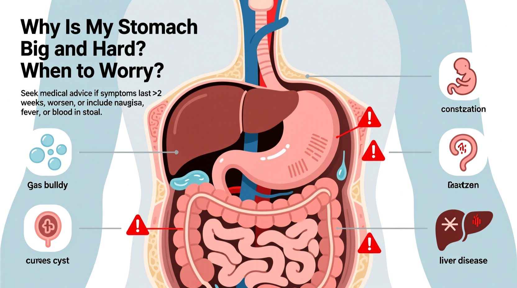 why is my stomach big and hard causes when to worry