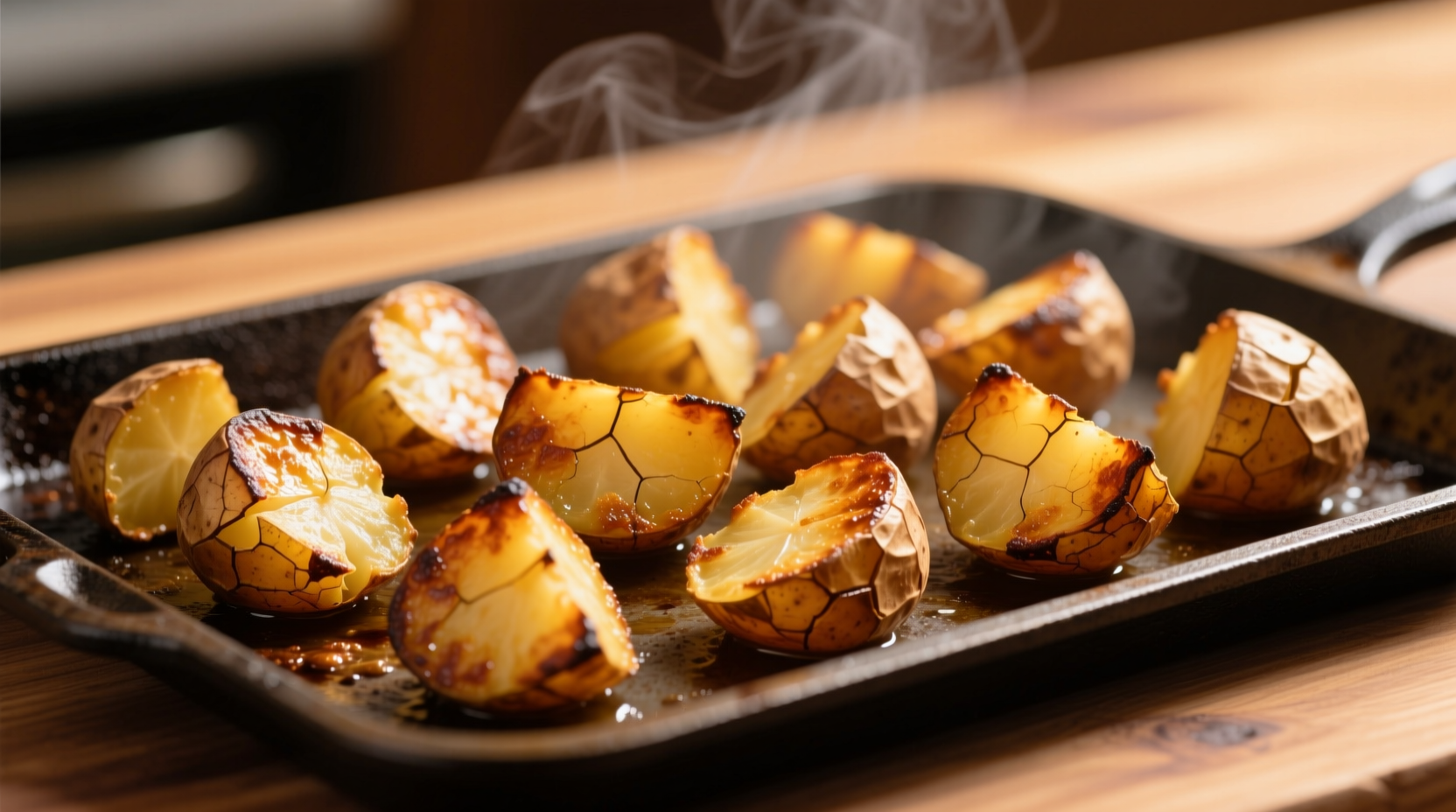 Golden roasted potatoes with crispy edges on baking sheet