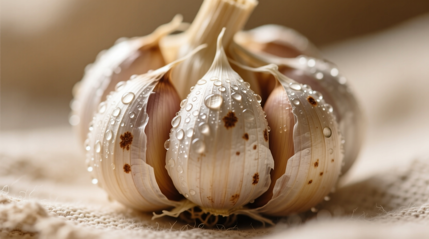 Close-up of garlic cloves with minor brown spots