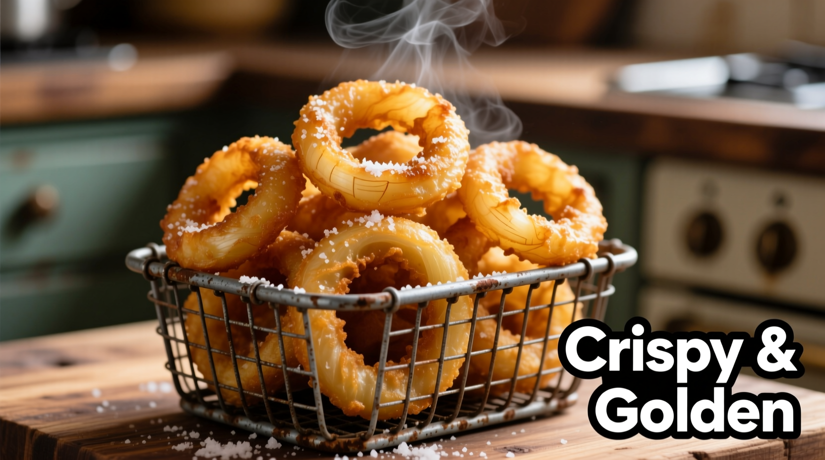 Golden brown onion rings served in a metal basket