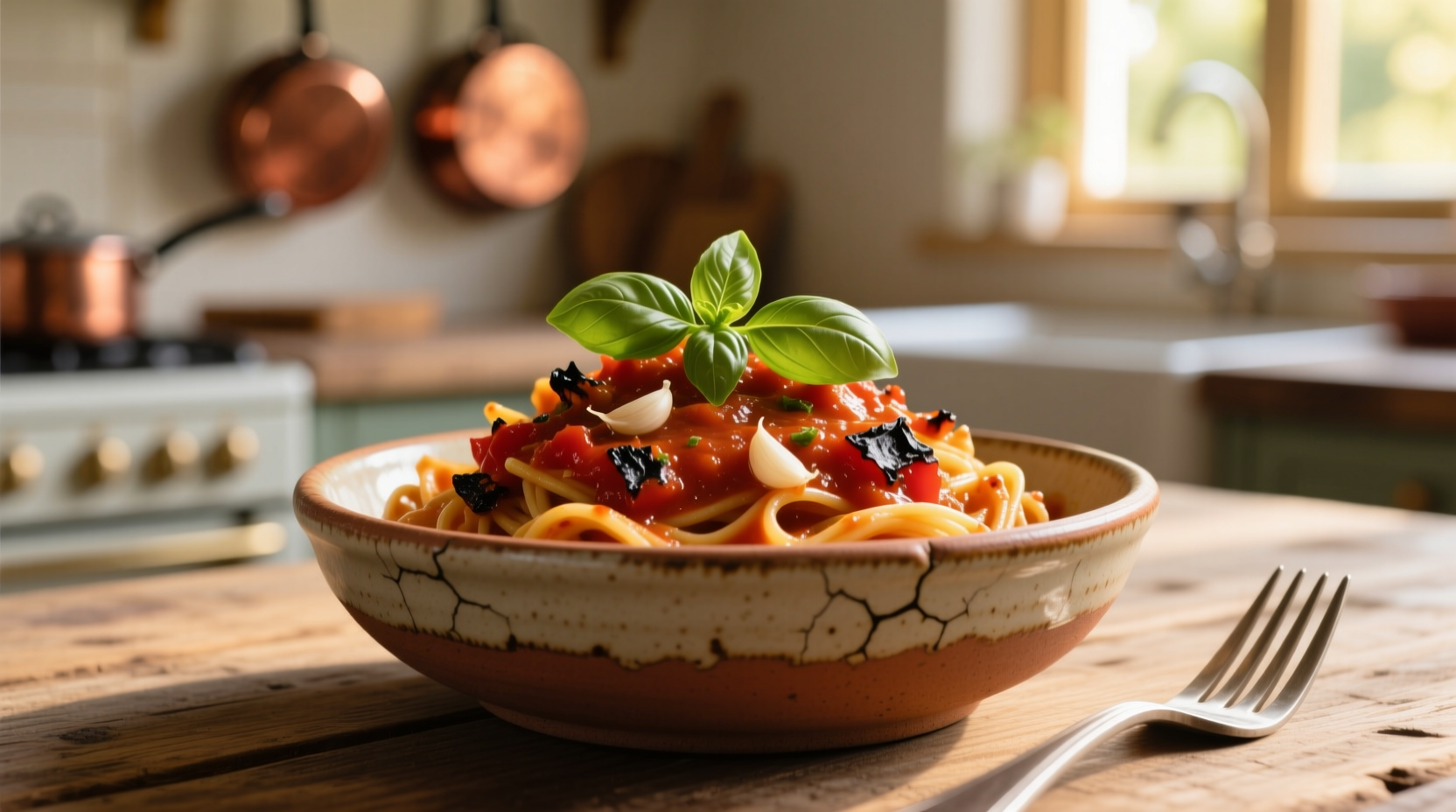 Homemade roasted red pepper pasta sauce in ceramic bowl