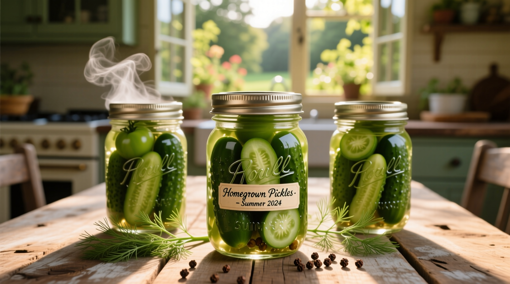 Crisp green tomato pickles in mason jars