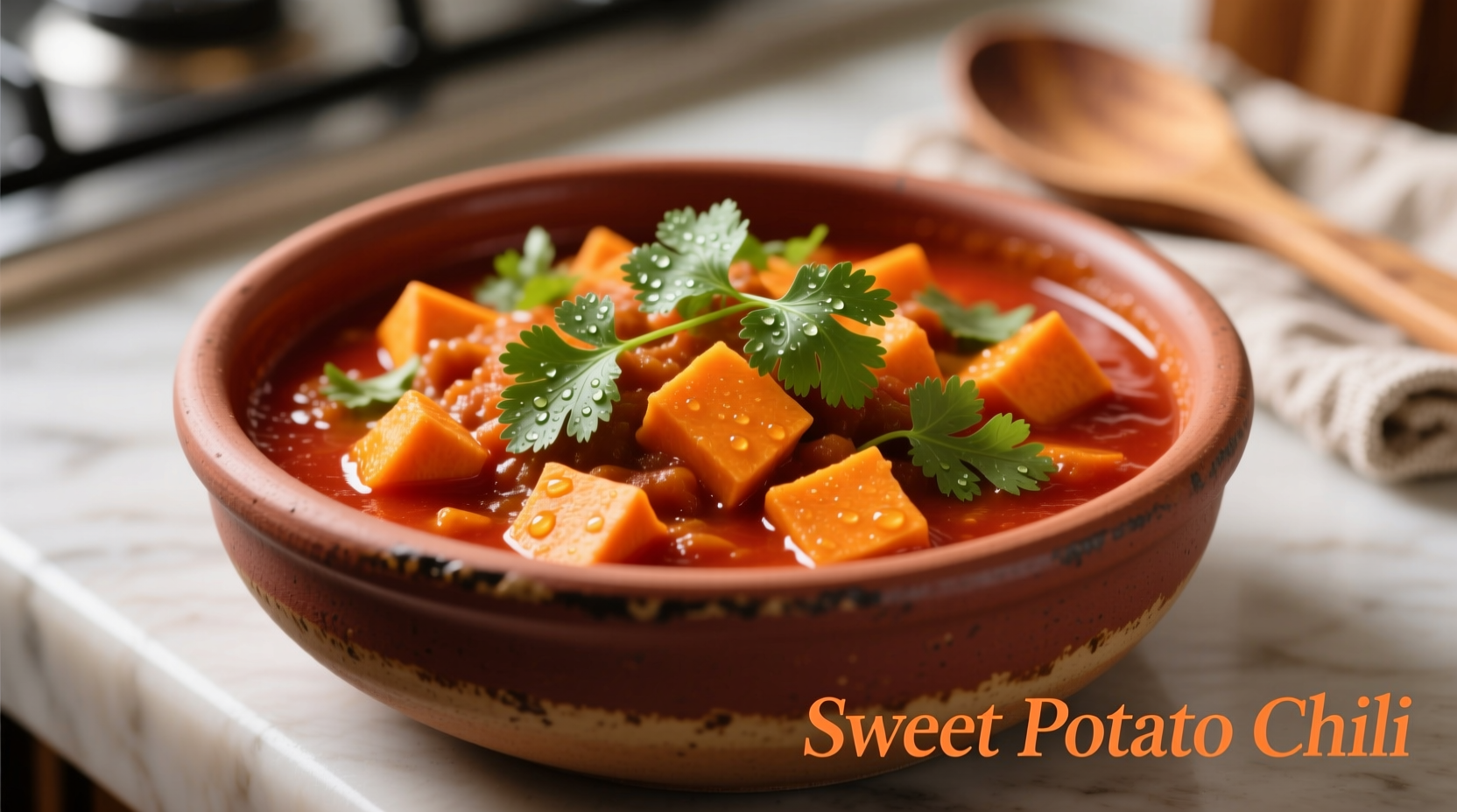Sweet potato chili in ceramic bowl with fresh cilantro garnish