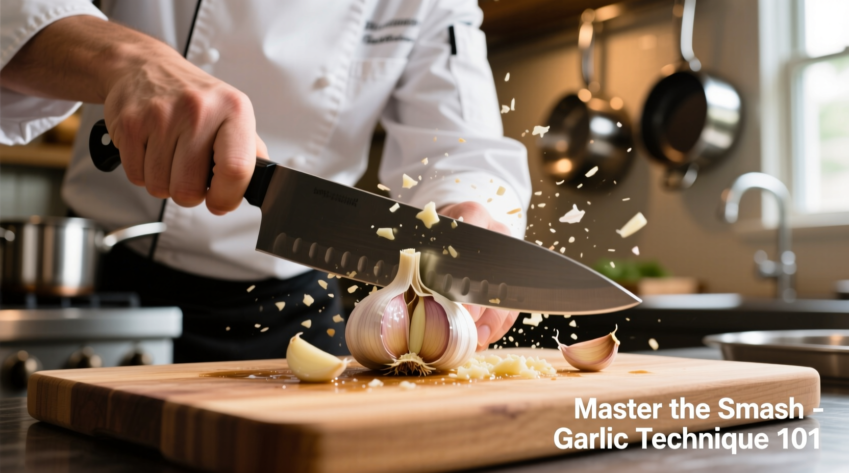 Chef demonstrating garlic smash technique with knife