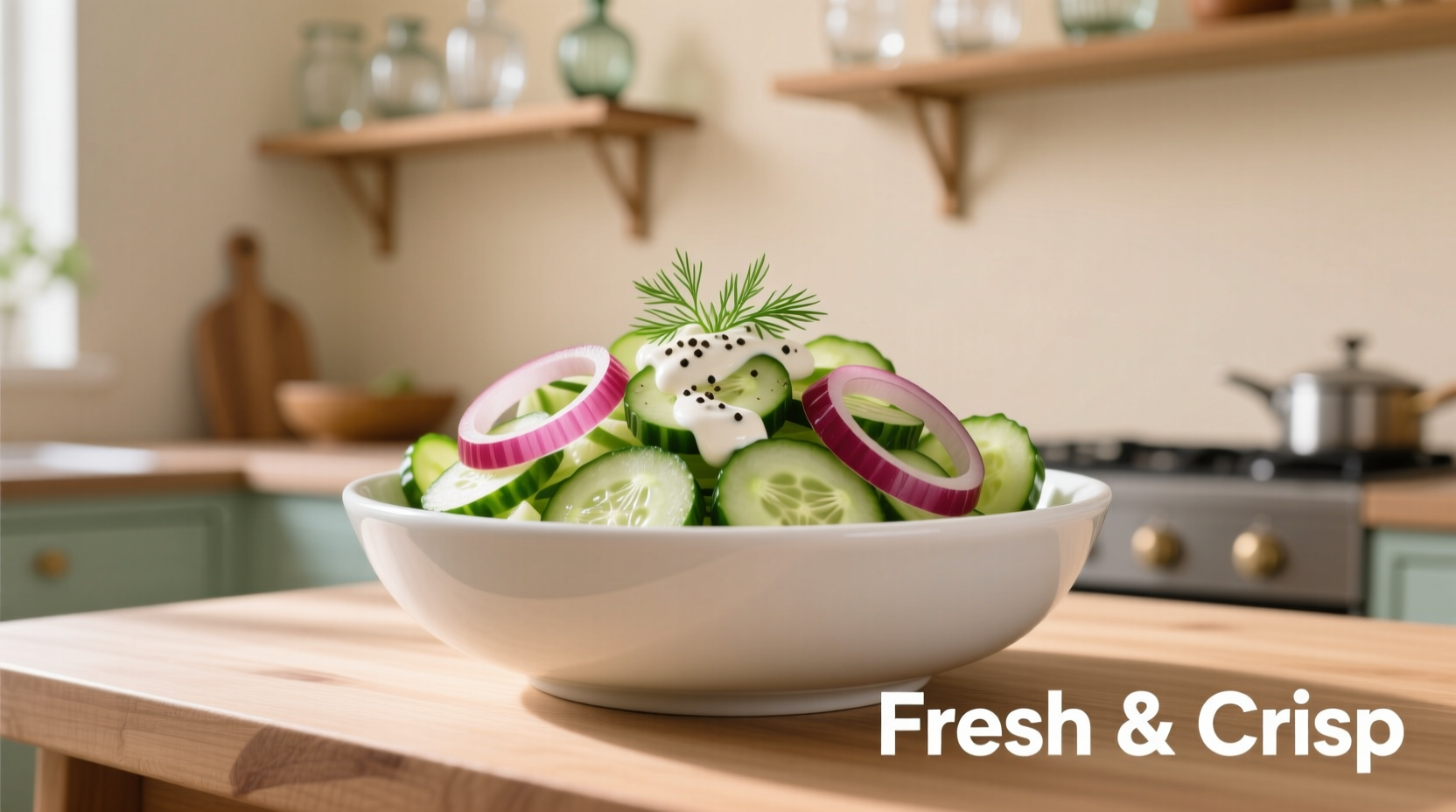 Fresh cucumber onion sour cream salad in white bowl