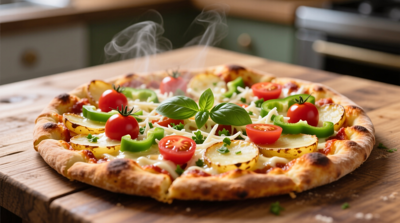 Homemade potato pizza crust with fresh toppings